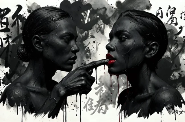 Dark Japanese myth and blood-red Lips - Oil Painting