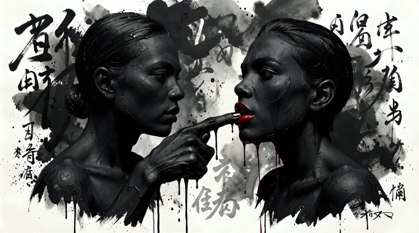 Dark Japanese myth and blood-red Lips - Oil Painting