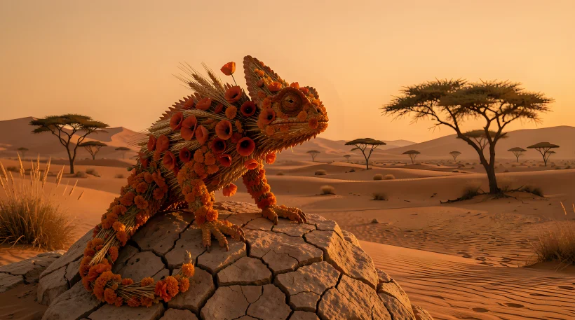 The Desert Guardian: Magical Chameleon made of Strawflowers