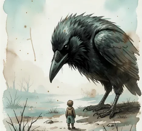 Encounter of little Child and giant Raven in the Mist of Oblivion