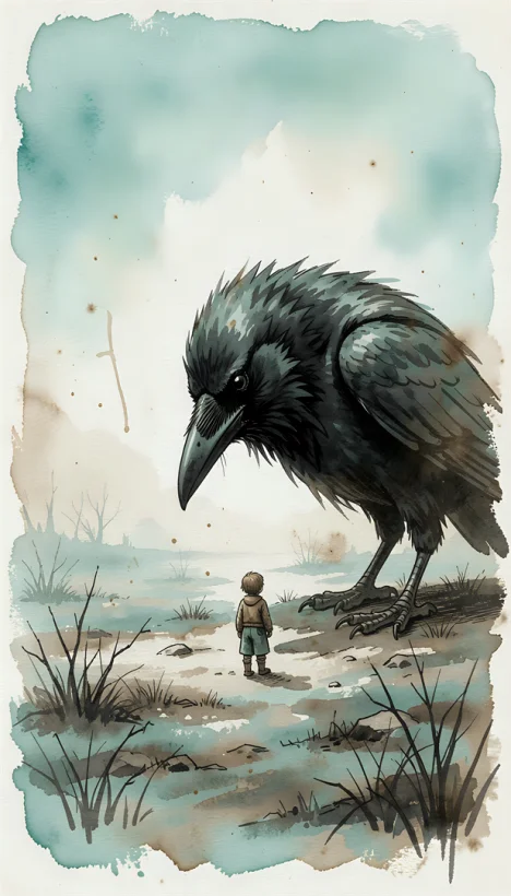 Encounter of little Child and giant Raven in the Mist of Oblivion