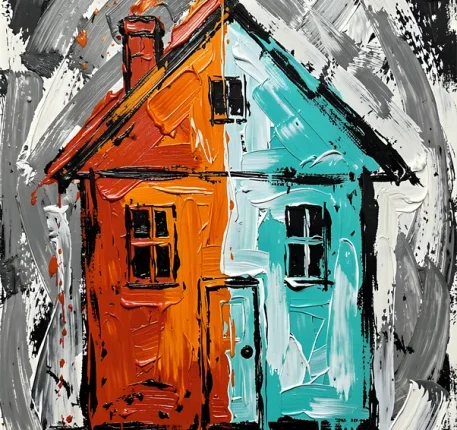 The House of Two Souls - A Surreal House of Duality (Impasto Painting)