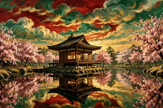 Japanese Tea House Among the Cherry Trees on the Lake