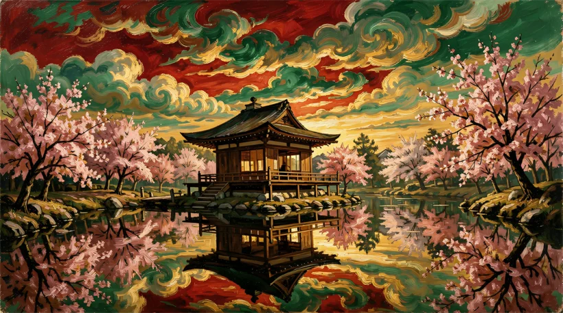 Japanese Tea House Among the Cherry Trees on the Lake